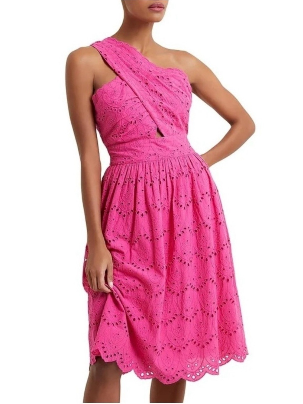 EUC French Connection Appelona One Shoulder Eyelet Midi Dress Hot Pink US10